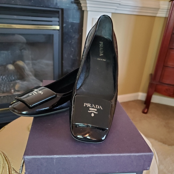 Prada Shoes - PRADA Logo Patent Leather Heels